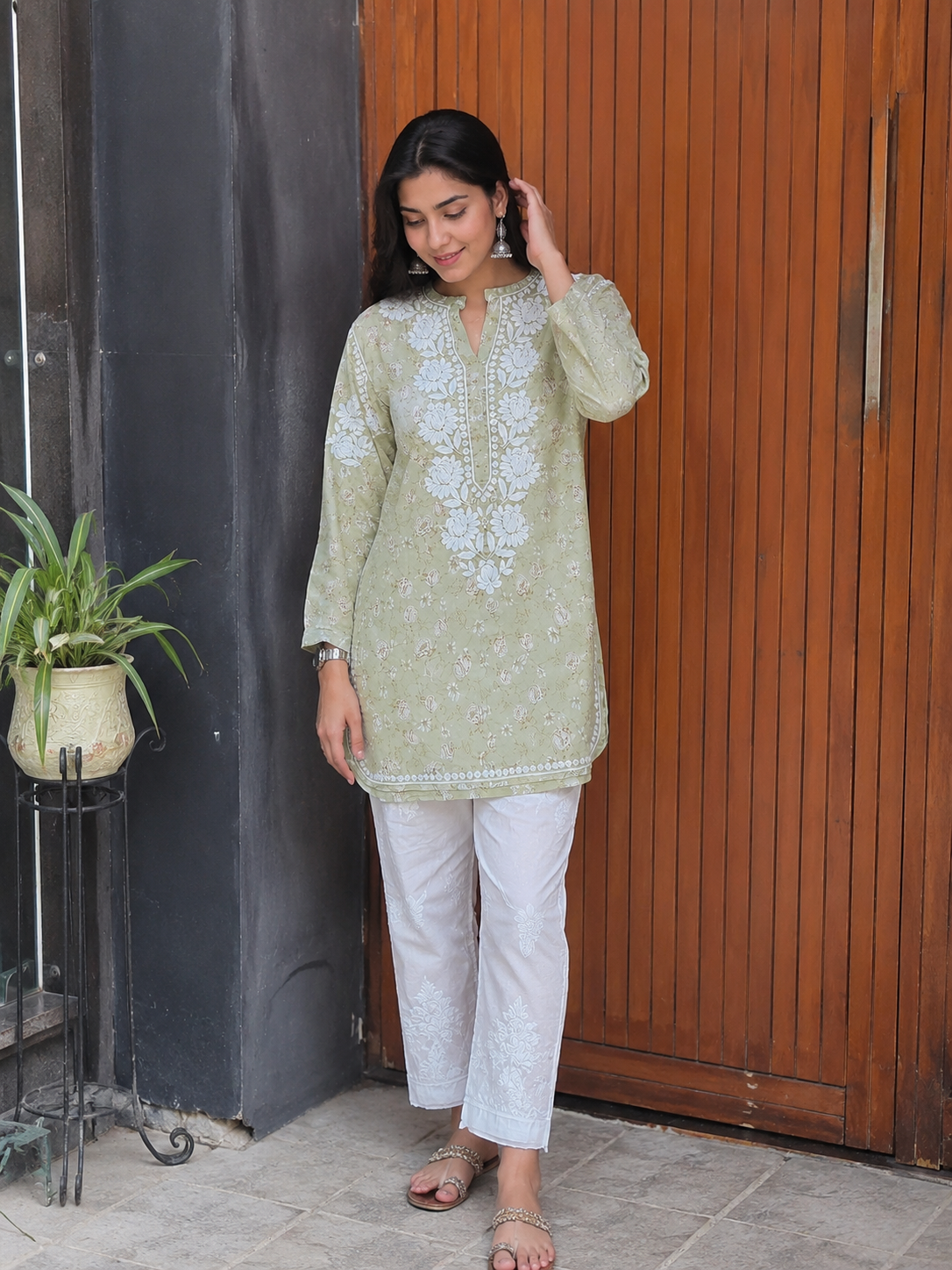 Sage Green Mulmul Chikankari Co-Ord Set for Women