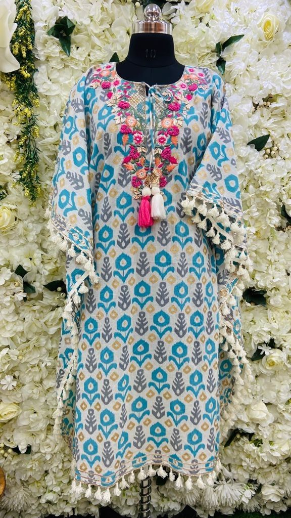 Sky Blue Printed Cotton Kaftan with Hand Embroidery for Women