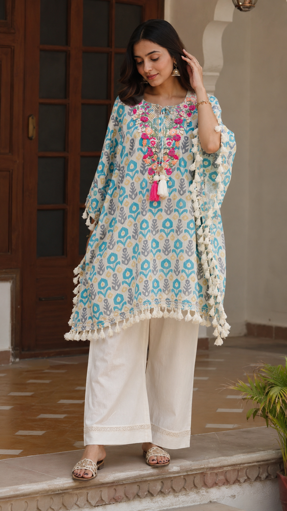 Sky Blue Printed Cotton Kaftan with Hand Embroidery for Women