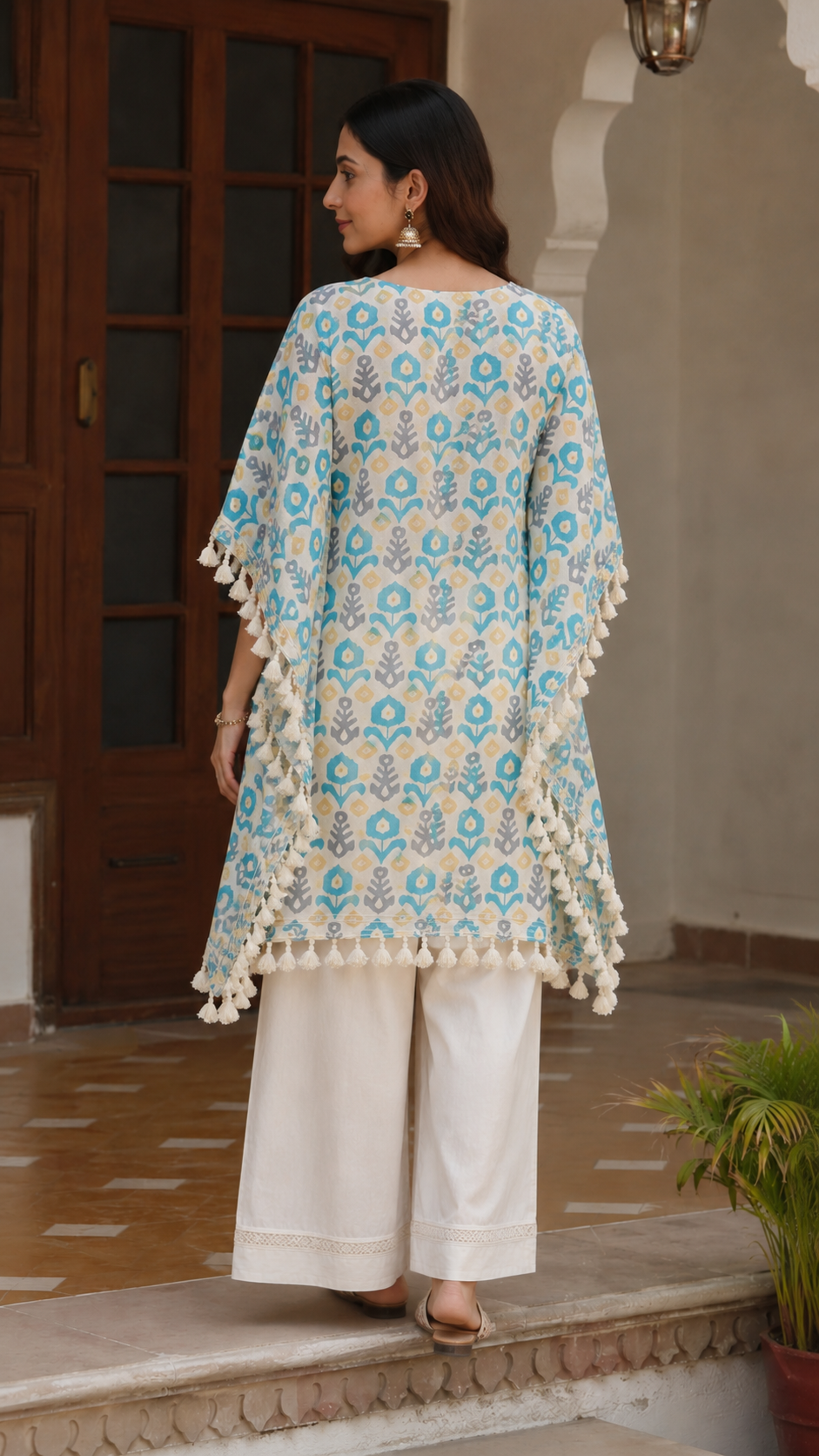 Sky Blue Printed Cotton Kaftan with Hand Embroidery for Women
