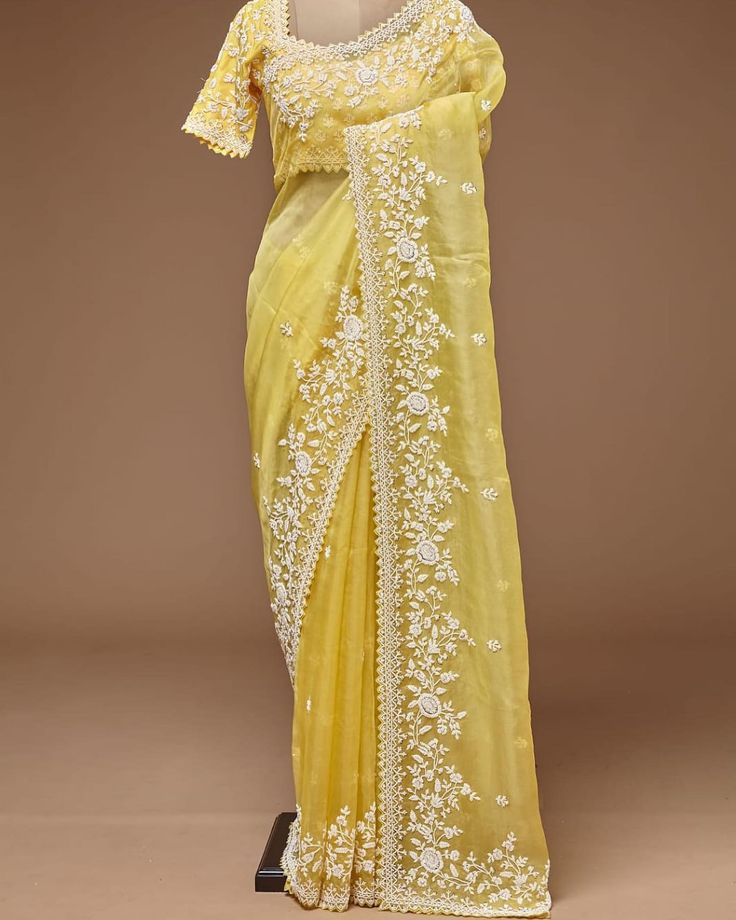 Sunshine Yellow Organza Chikankari Saree
