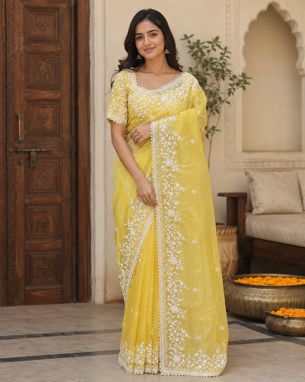 Sunshine Yellow Organza Chikankari Saree