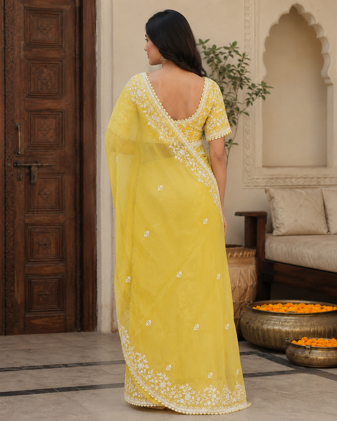 Sunshine Yellow Organza Chikankari Saree