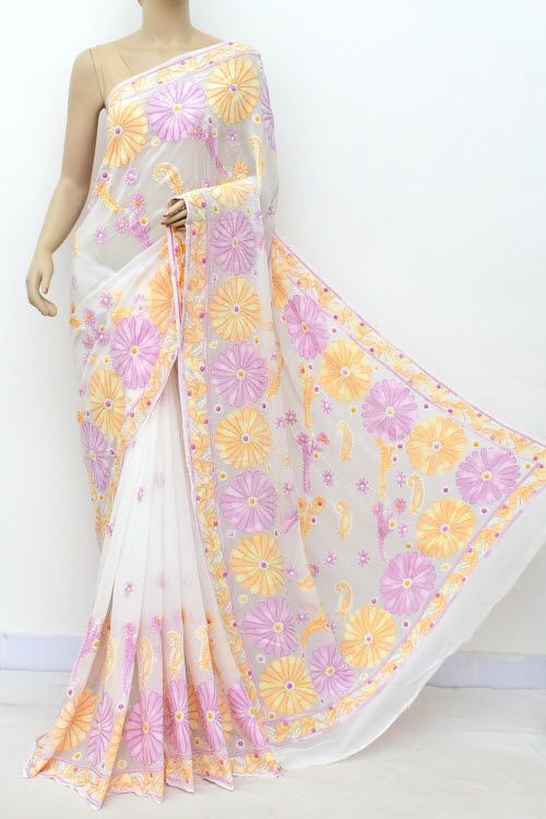 White Organza Floral Embroidered Saree for Women
