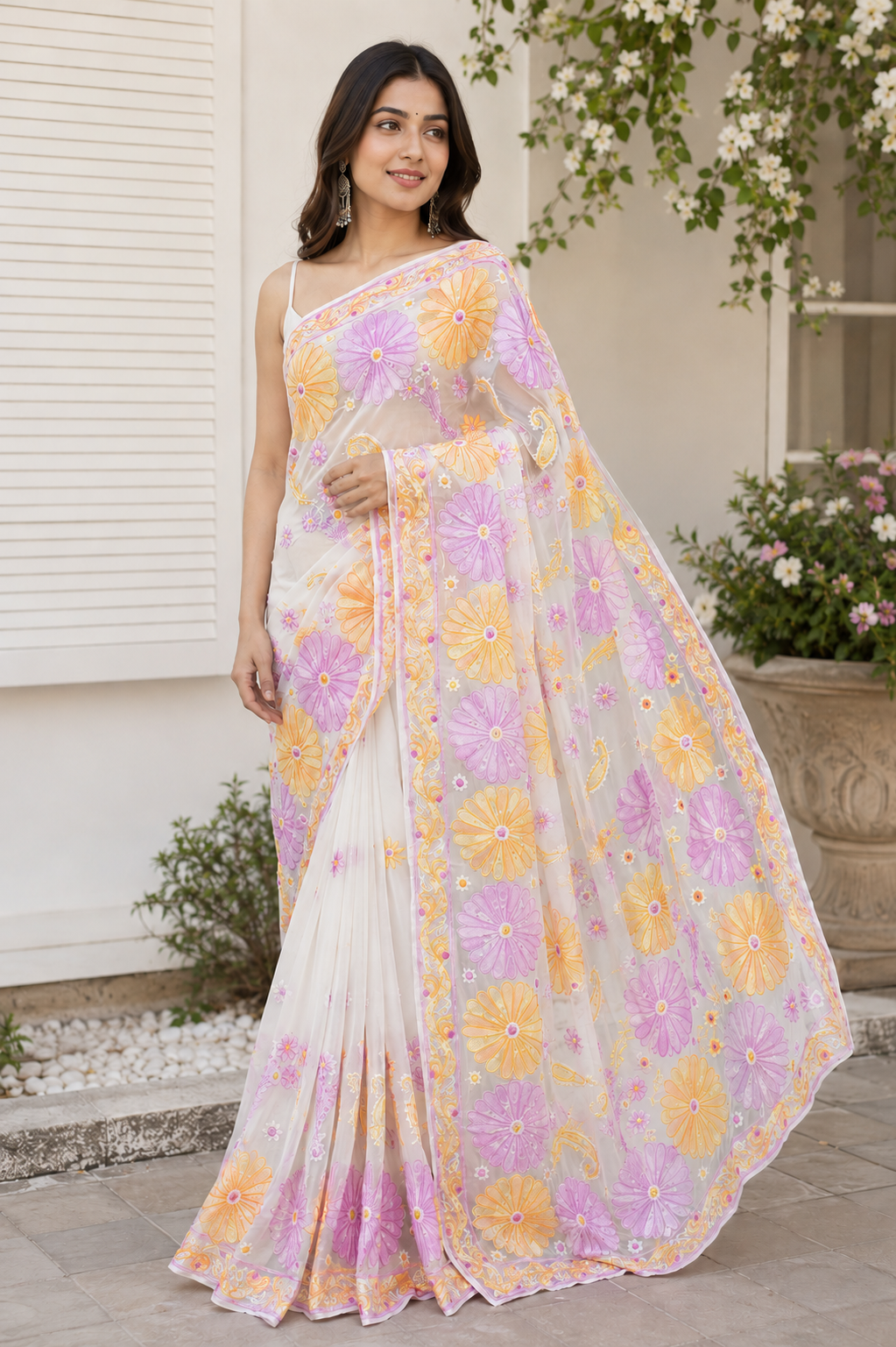 White Organza Floral Embroidered Saree for Women