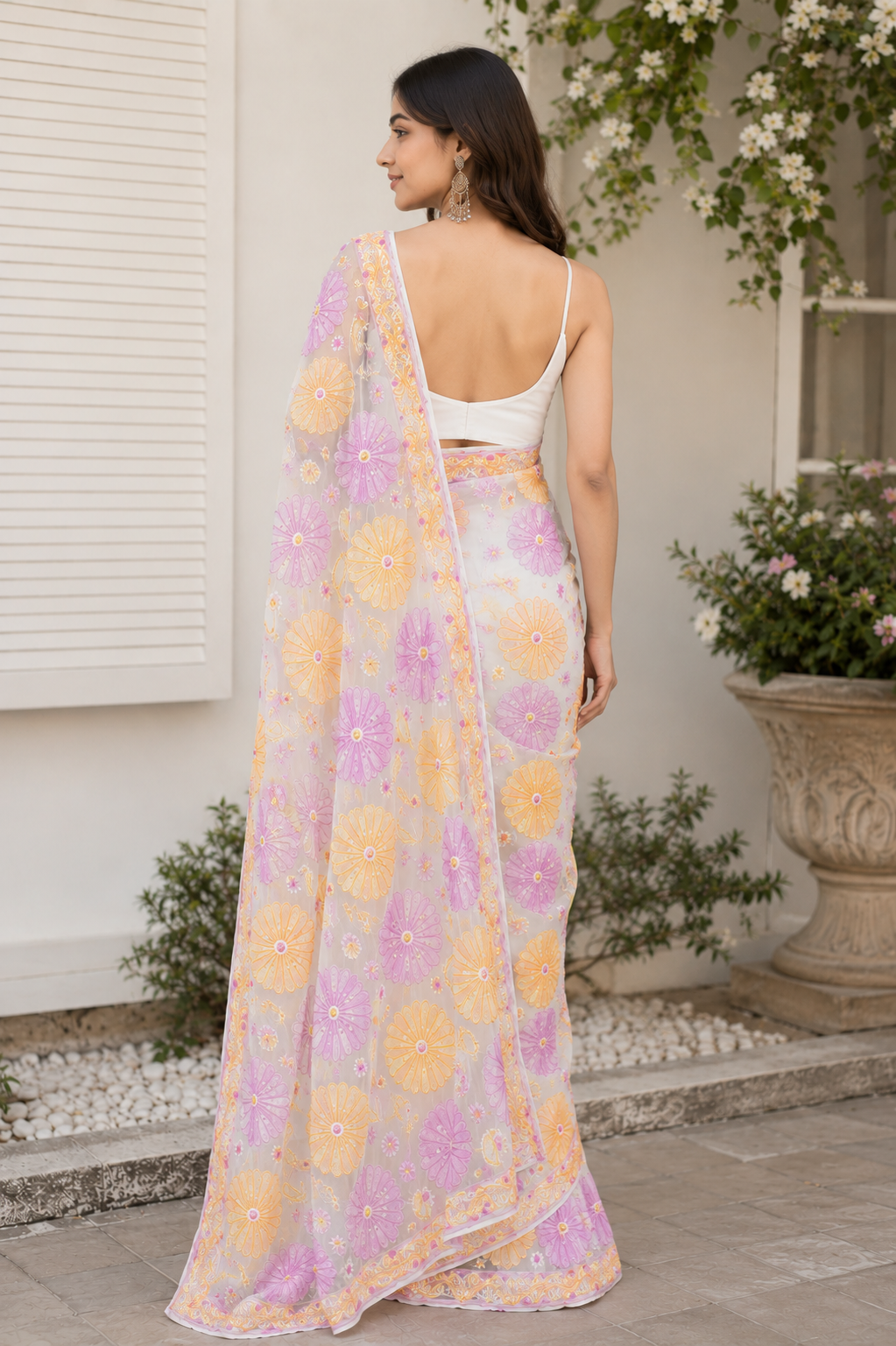 White Organza Floral Embroidered Saree for Women