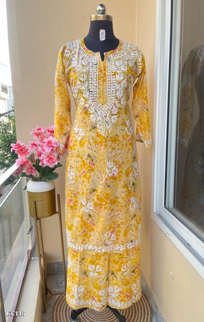 Yellow Floral Embroid Kurta Palazzo Set for Women