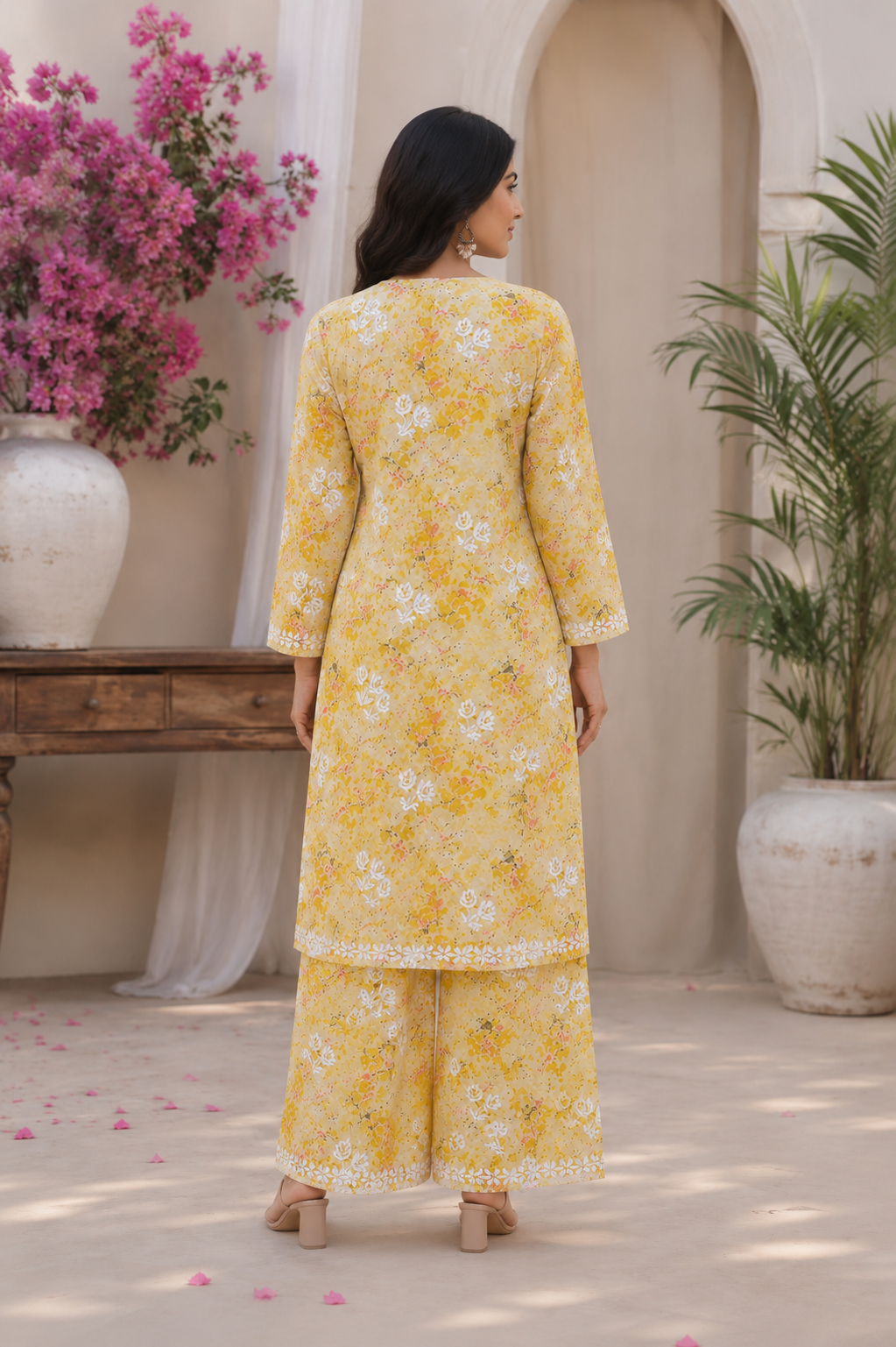 Yellow Floral Embroid Kurta Palazzo Set for Women